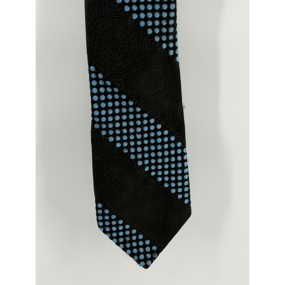 VTG Lucien Piccard Mens Tie Black Blue Polka Dot Paisley Jacquard Stripe Retro